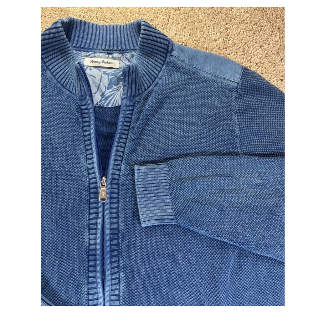 Tommy Bahama FullZip Cardigan Mens XXL Waffle Knit Cotton Mock Neck Sweater Blue
